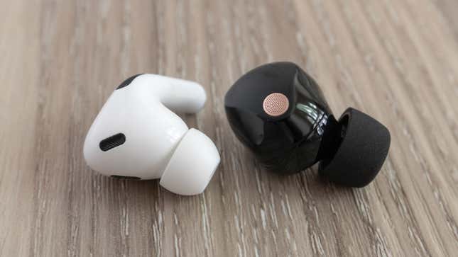 A single Apple AirProds Pro 2 wireless earbud next to a single Sony WF-1000XM5 wireless earbud.