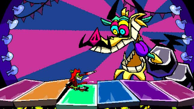 A character battles a boss in a overly colorful level.