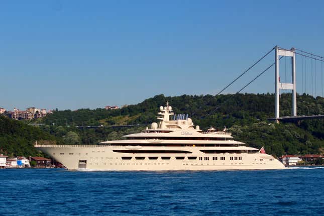 The Dilbar, a luxury yacht owned by Russian billionaire Alisher Usmanov, sails in the Bosphorus