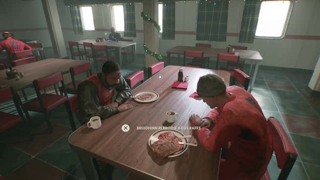 The player talks to NPCs eating food at a table.