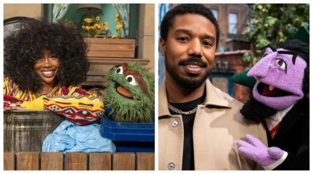 SZA with Oscar the Grouch, left; Michael B. Jordan with Count Von Count.