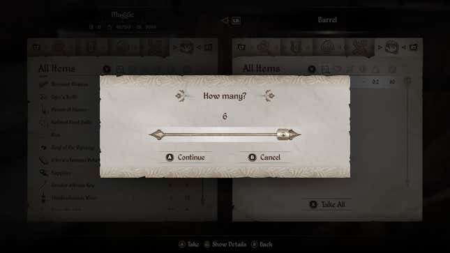 A prompt asks the player how many of a certain item.