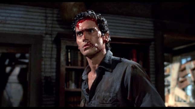 Ash Williams (Bruce Campbell) in a mildly gory moment from Sam Raimi's Evil Dead.