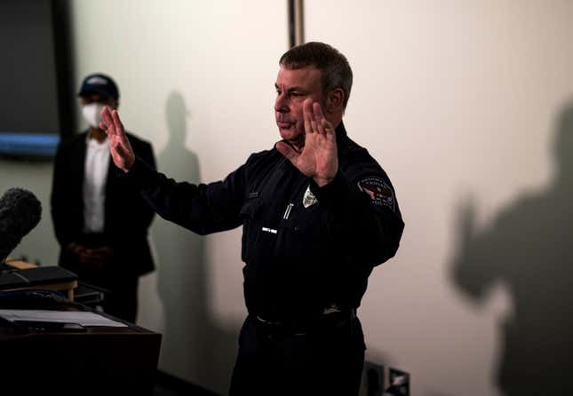 Brooklyn Center Police Chief Tim Gannon takes questions during a press conference about the death of 20-year-old Daunte Wright at the Brooklyn Center police headquarters 