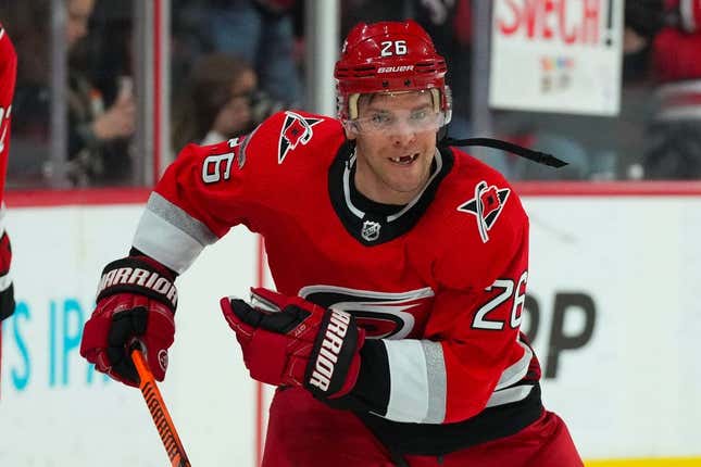 Jan 31, 2023; Raleigh, North Carolina, USA;  Carolina Hurricanes center Paul Stastny (26)) skates before the game against the Los Angeles Kings at PNC Arena.