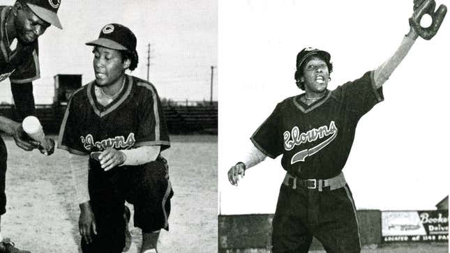 Zwei Fotos zeigen Toni Stone beim Baseballspielen im Jahr 1953.