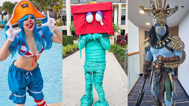 Buggy from One Piece, Amumu from League of Legends, and Attuma from Wakanda Forever cosplays.