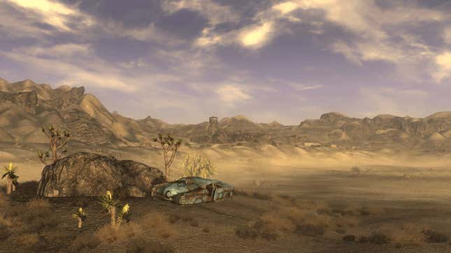 A screenshot shows an empty desert in Fallout: New Vegas.