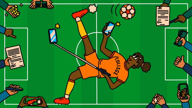 Illustration of a female college athlete kicking soccer ball over her head while taking a selfie and surrounded by people handing her money and contracts