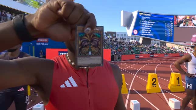 Noah Lyles flashing the head of Exodia at a recent Olympic trial heat.