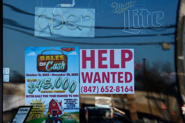 A &quot;Help Wanted&quot; sign is displayed at a restaurant in Buffalo Grove, Ill., Thursday, Jan. 18, 2024. On Thursday, Feb. 22, 2024, the Labor Department reports on the number of people who applied for unemployment benefits last week. (AP Photo/Nam Y. Huh)