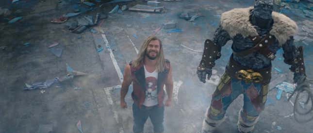 Thor and Korg smiling upwards