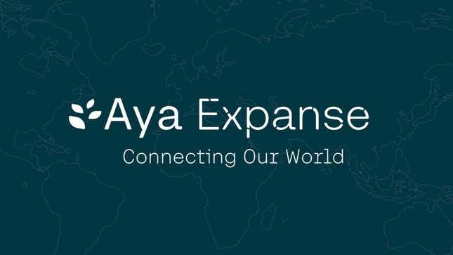 aya expanse logo on a green backdrop with a sketch of the world map, it says 