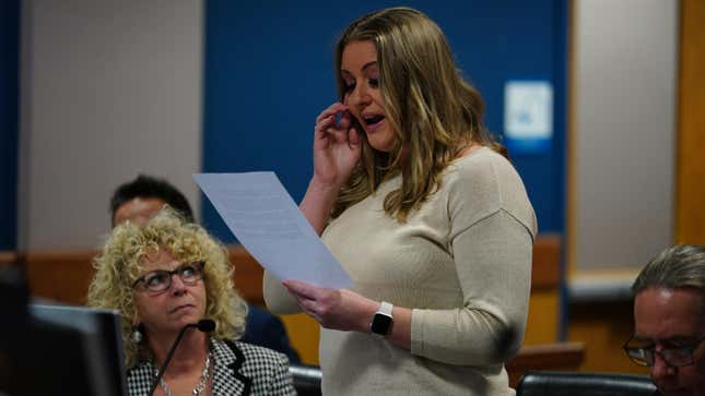 Jenna Ellis reads a statement after pleading guilty to a felony count of aiding and abetting false statements and writings, inside Fulton Superior Court Judge Scott McAfee’s Fulton County Courtroom at the Fulton County Courthouse October 24, 2023 in Atlanta, Georgia.