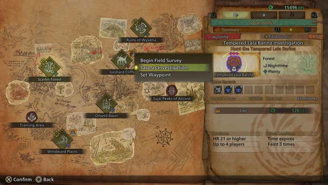 The World Map screen, with the Save as Investigation option highlighted for a Tempered Lala Barina field survey.