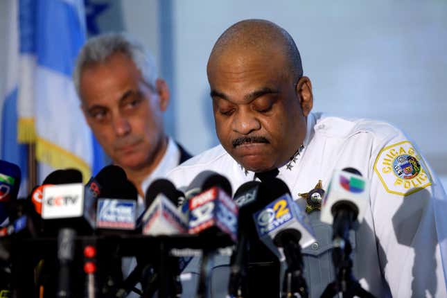 Former Chicago Mayor Rahm Emanuel listens as Chicago Police Superintendent Eddie Johnson speaks about Chicago’s weekend of gun violence during a news conference at the Chicago Police Department 6th District station, Monday, August 6, 2018 in Chicago, Illinois.