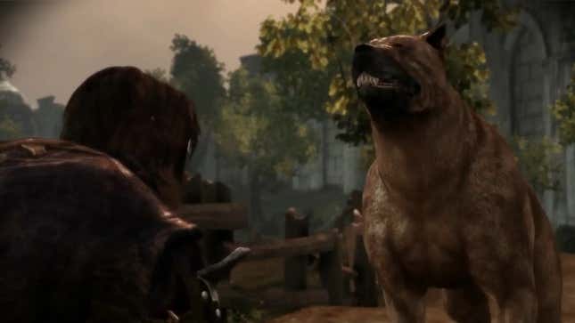 The Warden greets the Mabari hound.