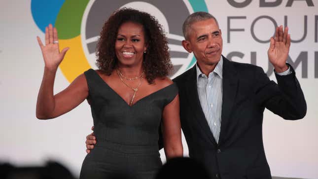 Former U.S. President Barack Obama and his wife Michelle on the campus of the Illinois Institute of Technology on October 29, 2019 in Chicago, Illinois.