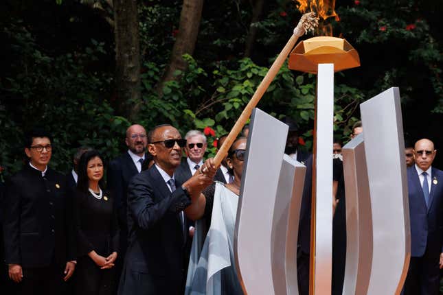 KIGALI, RWANDA - APRIL 7: The President of Rwanda, Paul Kagame, lights a flame to start of 100 days of remembrance as Rwanda commemorates the 30th anniversary of the Tutsi genocide on April 7, 2024 in Kigali, Rwanda. 