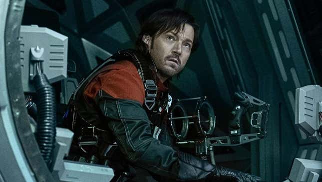 Cassian Andor looks out from TIE fighter cockpit.