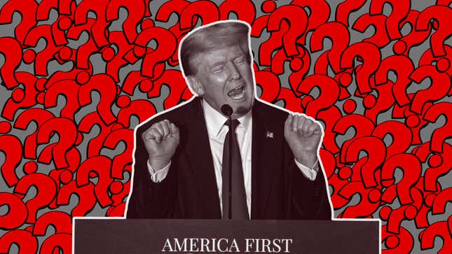 An illustration of Donald Trump surrounded by red question marks.