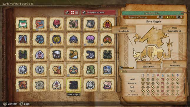 The Suggested Strategy tab for Gore Magala, showing its break points and weaknesses.