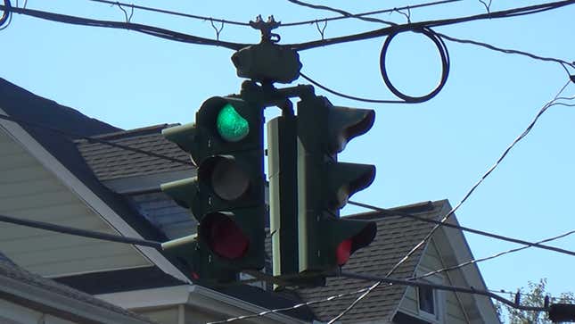 Ein Foto der umgedrehten Ampel im Norden des Bundesstaats New York. 