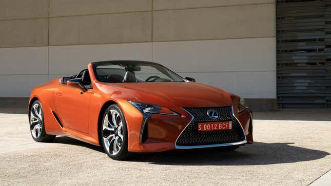 A photo of an orange Lexus LC 500. 