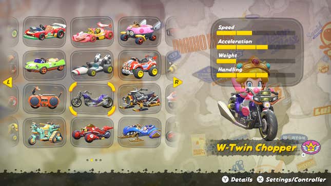 The W-Twin Chopper’s stats screen with Baby Daisy.