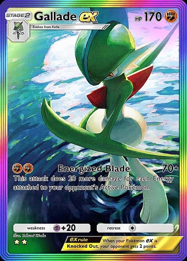 A Gallade is shown looking at its hand while standing in water.