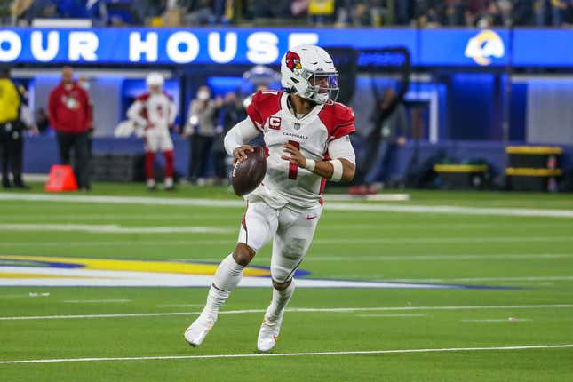 Arizona Cardinals quarterback Kyler Murray #1 during the NFC Wild Card playoff game between the Arizona Cardinals and the Los Angeles Rams on January 17, 2022, at SoFi Stadium in Inglewood, CA. 