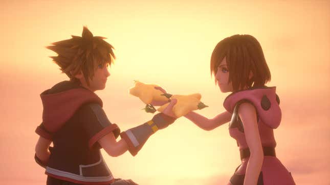 Kairi and Sora share the fruit.