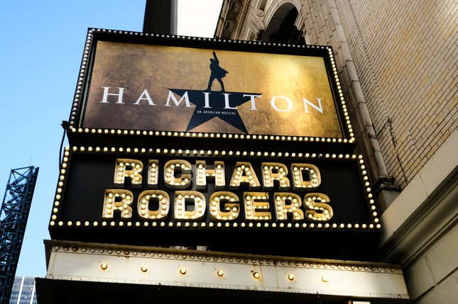 The Richard Rodgers Theatre, home of the musical “Hamilton,” appears closed during Covid-19 lockdown in New York on May 13, 2020