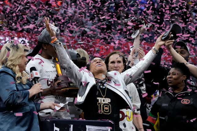 South Carolina head coach Dawn Staley celebrates after the Final Four college basketball championship game against Iowa in the women&#39;s NCAA Tournament, Sunday, April 7, 2024, in Cleveland. South Carolina won 87-75. (AP Photo/Morry Gash)