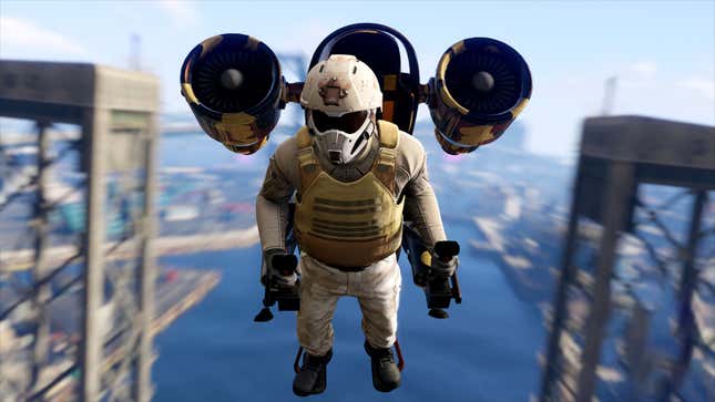 Un personaje de GTA V se dispara a través de dos torres usando un jetpack.