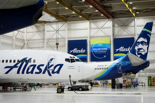 Alaska Airlines aircraft sit in the airline&#39;s hangar at Seattle-Tacoma International Airport Wednesday, Jan. 10, 2024, in SeaTac, Wash. Boeing has acknowledged in a letter to Congress that it cannot find records for work done on a door panel that blew out on an Alaska Airlines flight over Oregon two months ago. Ziad Ojakli, Boeing executive vice president and chief government lobbyist, wrote to Sen. Maria Cantwell on Friday, March 8 saying, “We have looked extensively and have not found any such documentation.” (AP Photo/Lindsey Wasson)