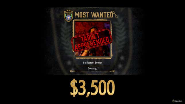 A ‘Target Apprehended’ screen for a Police Bounty in Like a Dragon: Pirate Yakuza in Hawaii.