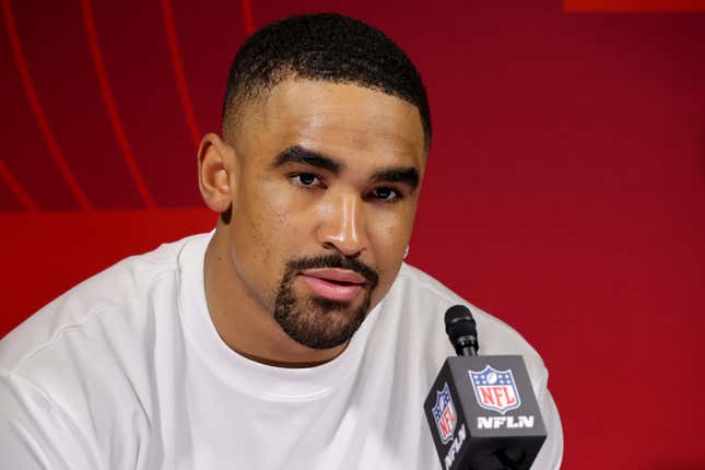 Jalen Hurts #1 of the Philadelphia Eagles speaks after the Philadelphia Eagles lost to the Kansas City Chiefs in Super Bowl LVII on February 12, 2023 in Glendale, Arizona.