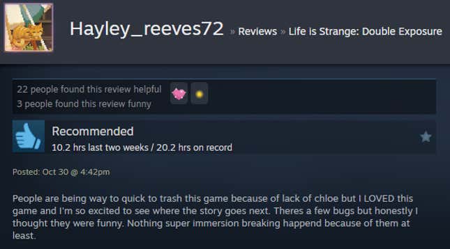 A screenshot shows a Steam review of Life is Strange: Double Exposure.