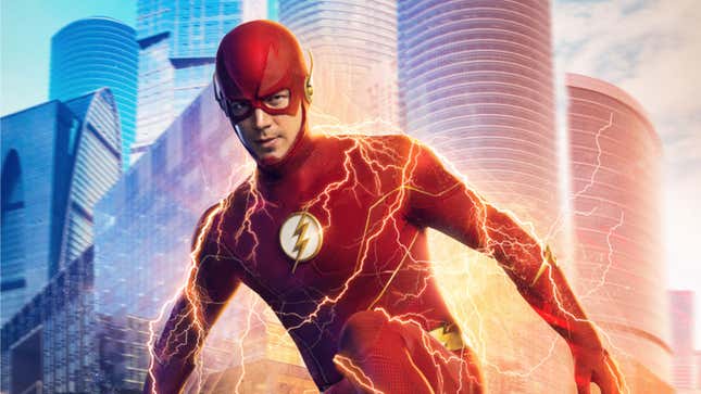 Promo image of The Flash in front of Central City and surrounded by lightning. 
