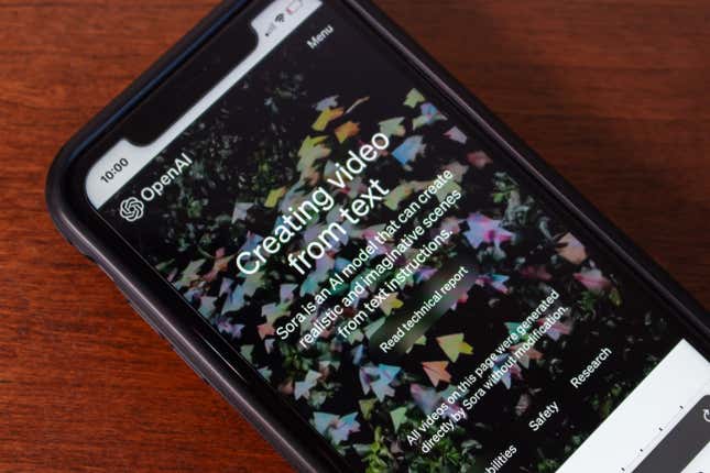 webpage for OpenAI's AI video generator Sora displayed on an iPhone