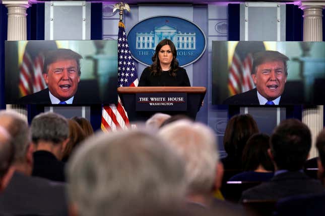 U.S. President Donald Trump is seen as he delivers a message during the daily briefing hosted by U.S. White House Press Secretary Sarah Huckabee Sanders at the White House on Jan. 4.