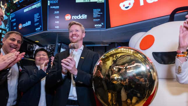 Reddit CEO Steve Huffman stands on the floor of the New York Stock Exchange (NYSE) after ringing a bell on the floor setting the share price at $47 in its initial public offering (IPO) on March 21, 2024.