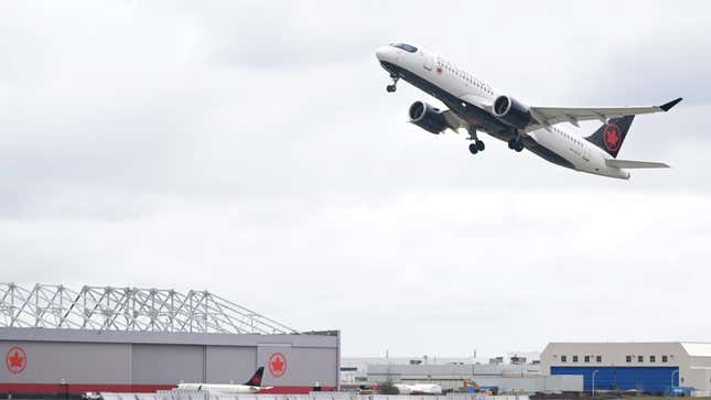 A photo of an Air Canada flight taking off. 