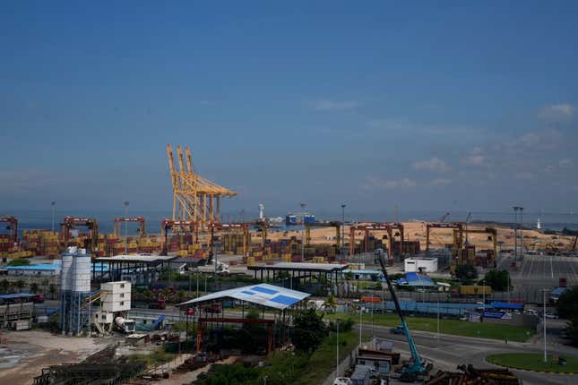 The proposed site for a $553-million project to build a new, deep-water shipping container terminal in the Port of Colombo, Sri Lanka, Wednesday, Nov.8, 2023. The U.S. announced a $553- million project Wednesday to build a new, deep-water shipping container terminal in the Port of Colombo as it competes with China in international development financing. (AP Photo/Eranga Jayawardena)