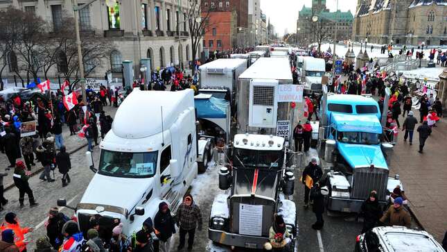 Supporters of the 'Freedom Convoy' block streets near Parliament Hill in Ottawa, Canada, on Feb. 12, 2022.