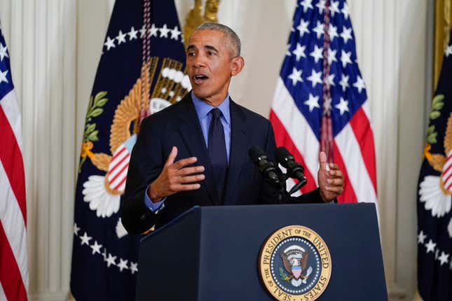 Former President Barack Obama speaks about the Affordable Care Act, in the East Room of the White House in Washington, Tuesday, April 5, 2022.