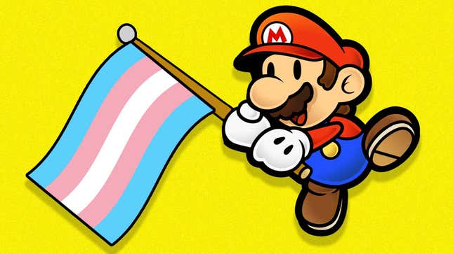 Mario holds a trans pride flag.