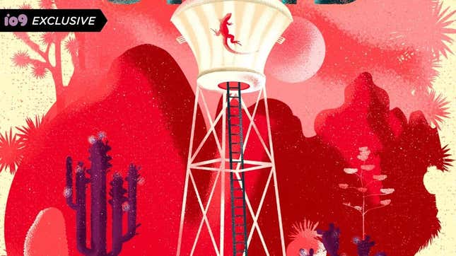 An illustration of a tower in a desert, against a red background.