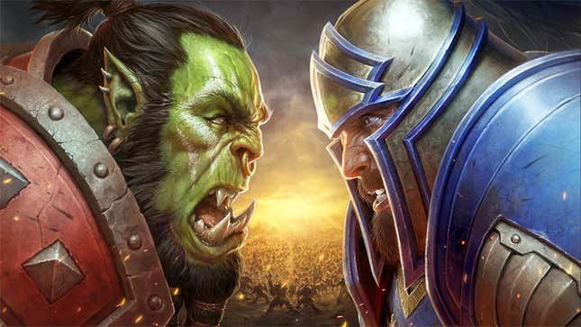 An armored orc (left) and human (right) growl at each other as their fellow soldiers do battle in the distance.